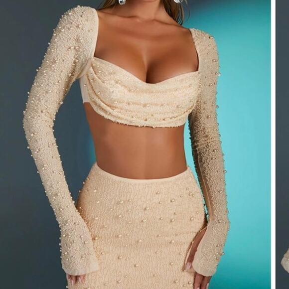 Oh Polly Tops - Oh Polly LA DÉSIRADE Embellished Cowl Neck Crop Top in Sand Yellow Size US 4